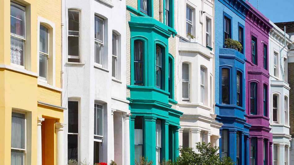 Brightly coloured terrace houses in a row