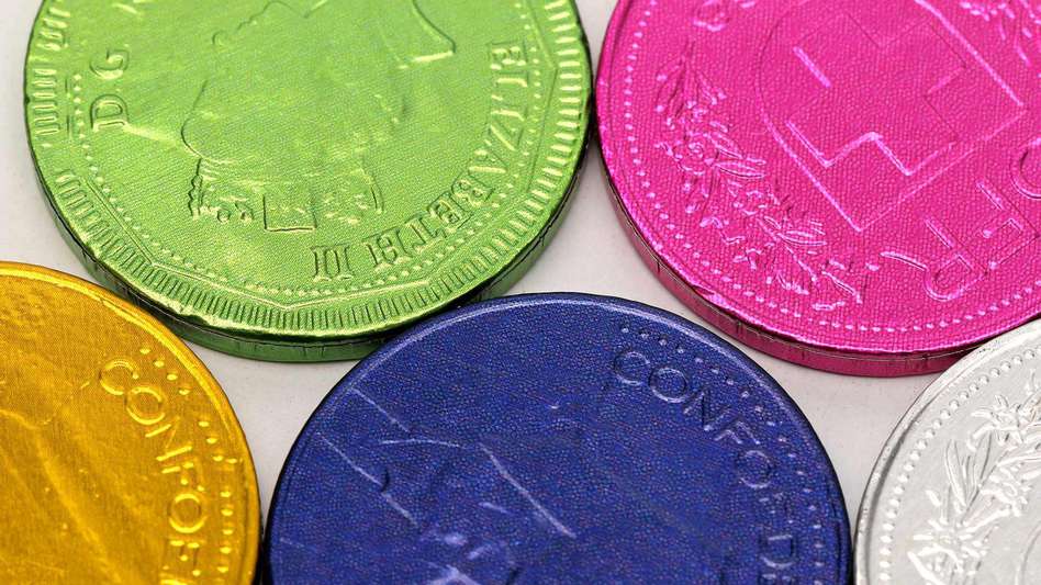 Multi-coloured chocolate coins