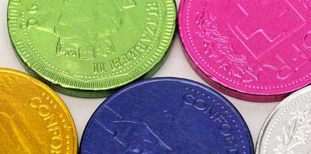 Multi-coloured chocolate coins