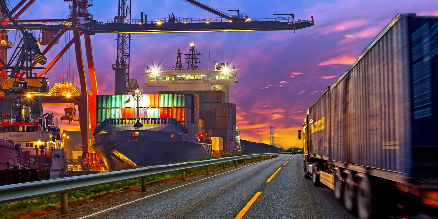 Logistics law: supply chain management -   Picture of a logistic truck besides a cargo ship